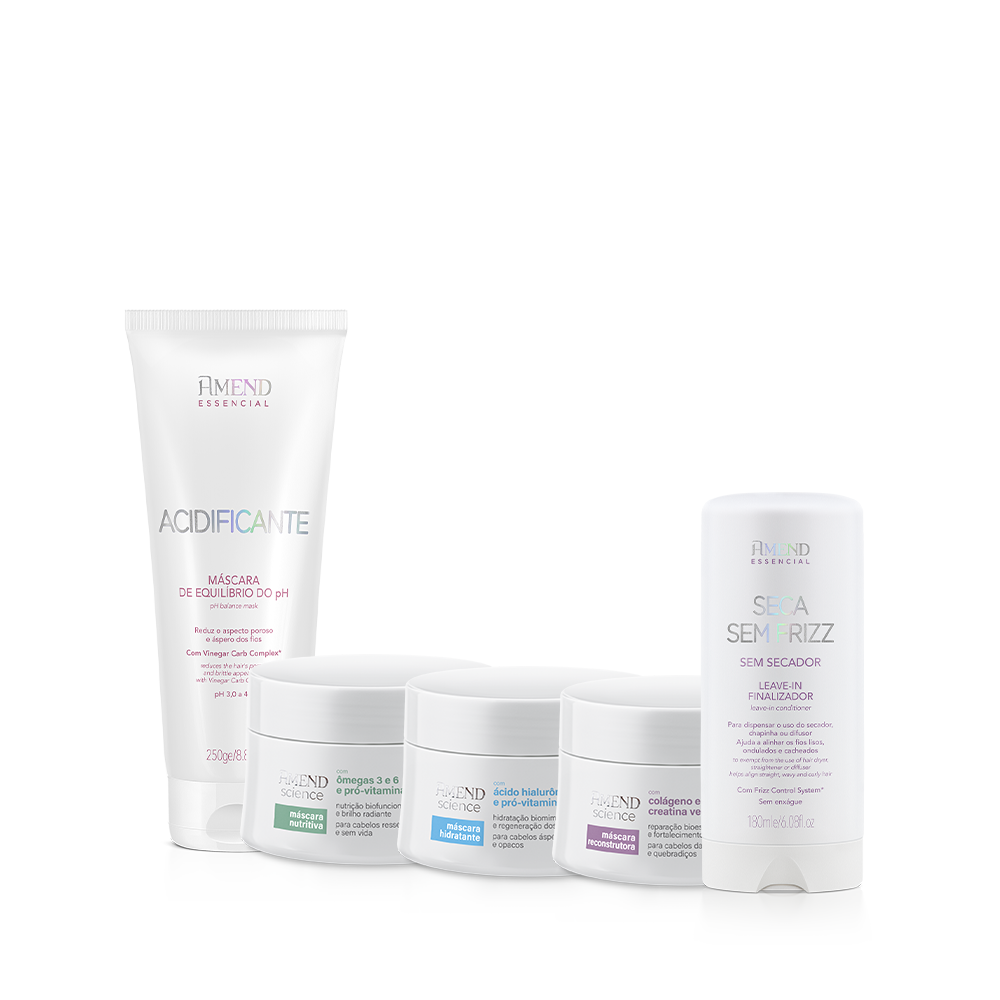 Kit Máscara Nutritiva Science + Máscara Hidratante Science + Máscara Reconstrutora Science + Seca Sem Frizz Essencial + Acidificante Essencial